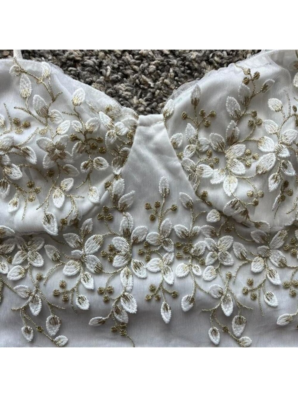 White & Gold Floral Embroidered Babydoll Corset XS/S Crop Top Summer Dainty Chic - Picture 2 of 8